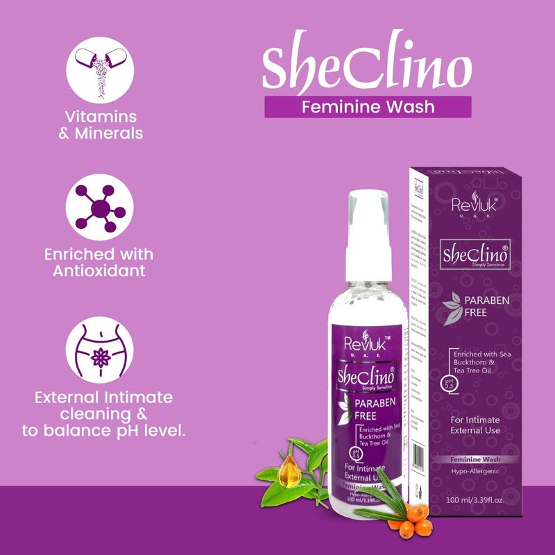 Revluk-She Clino Vaginal Wash All in One Wash Combination Feminine Cleansing, pH Balanced, Zero-Chemical Ingredients, Sensitive Skin, Daily Cleansing Wash |Odor Control & Freshness| 100ml - Image 1