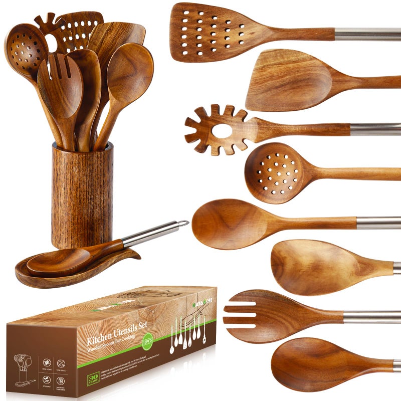 NAYAHOSE 10PCS Wooden Spoons for Cooking, Spoons and Spatula Non Stick Set with Stainless Steel Handle, Teak Wooden Utensils Set with Holder & Spoon Rest, Kitchen Utensils for Non-Stick Cookware - Image 1