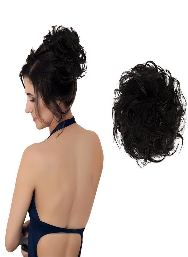 بلوشيا قطعة شعر بلوشيا على شكل كعكة، وصلة شعر صناعية مع شريط مطاطي مرن، لون أسود، عبوة من قطعة واحدة - Image 1