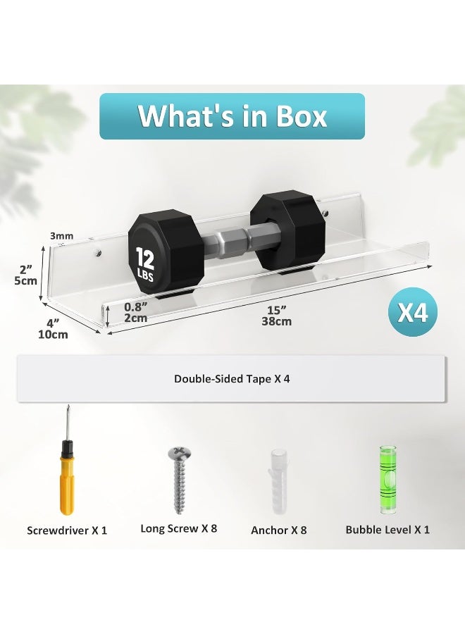 TPGP 4 Pack Acrylic Shelves, Self-Adhesive 15" Floating Shelf Wall Mount for Home Organization & Wall Decor, Display Ledge Shelves for Bathroom, Living Room, Bedroom, and Kitchen - Image 2