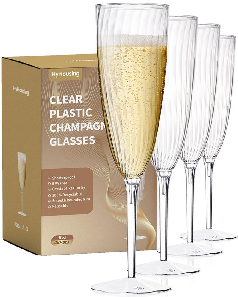 48 Plastic Champagne Flutes Clear Disposable Plastic Champagne Glasses Reusable Wine Cocktail Cups for Home Daily Life Party Wedding Toasting Drinking BirthdayNew Years Eve Party Supplies 2025