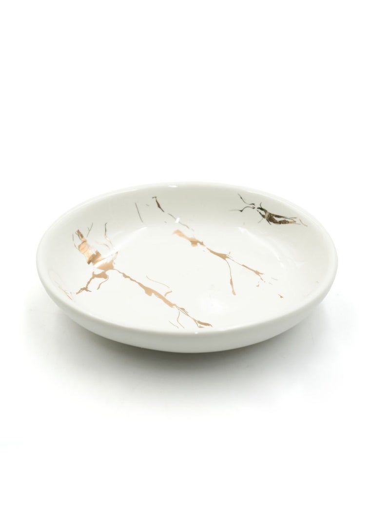 بيرام صحن صابون من طقم بيرهام الرخامي باللونين الذهبي والأبيض (أطراف مستديرة) – ضمن طقم مكوّن من 4 قطع يشمل موزع لوشن، حامل فرشاة أسنان، كوب، وصحن صابون. يتميز بمظهر رخامي فاخر مصنوع من السيراميك اللامع مع لمسة أنيقة وراقية. - Image 1