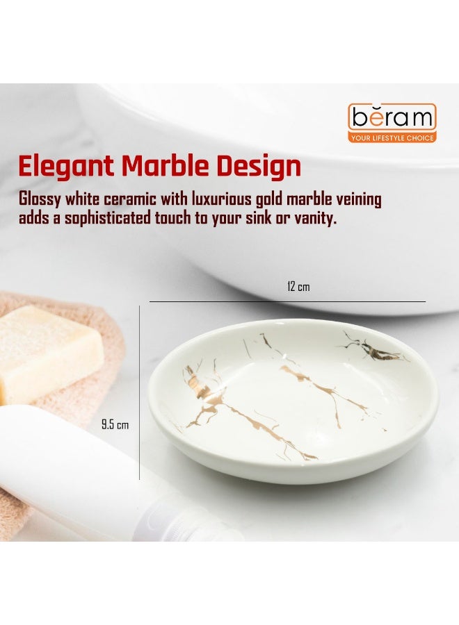 بيرام صحن صابون من طقم بيرهام الرخامي باللونين الذهبي والأبيض (أطراف مستديرة) – ضمن طقم مكوّن من 4 قطع يشمل موزع لوشن، حامل فرشاة أسنان، كوب، وصحن صابون. يتميز بمظهر رخامي فاخر مصنوع من السيراميك اللامع مع لمسة أنيقة وراقية. - Image 3