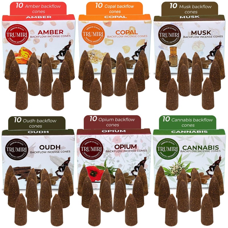TRUMIRI Exotic - Backflow Incense Cones for Waterfall - Scented Inscents-Cones - Copal, Amber, Musk, Oud - Insiensos Aromaticos - 6x10=60 Large Variety Pack - Image 2