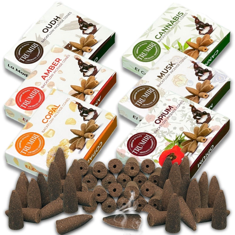 TRUMIRI Exotic - Backflow Incense Cones for Waterfall - Scented Inscents-Cones - Copal, Amber, Musk, Oud - Insiensos Aromaticos - 6x10=60 Large Variety Pack - Image 1