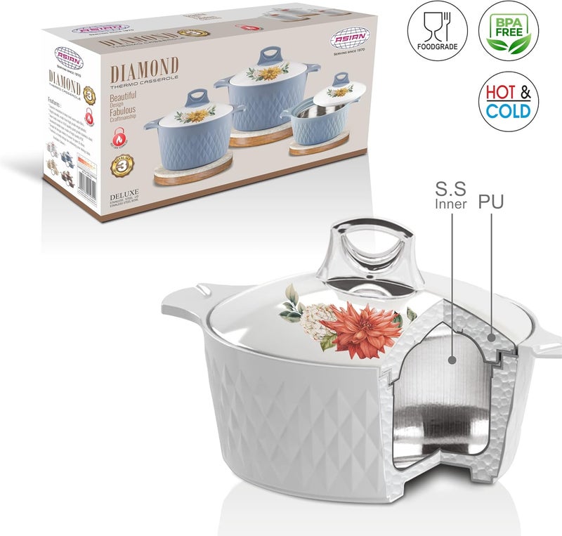 Asian Casserole Hotpot, Stainless Steel insulated Hot Pot, Food Warmer, Keeps Food Warm for Hours | Diamond | Set of 3 Pcs | 1.5L, 2.5L, 3.5L (White) - Image 5