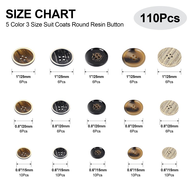 OELFFOW 110Pcs Mixed Sewing Buttons, 4-Hole Craft Round Blazer Buttons, 5 Color 3 Size (15mm, 20mm, 25mm) Suit Coats Resin Button, Suitable for Variety Clothing Sewing, DIY Craft (Style D) - Image 2