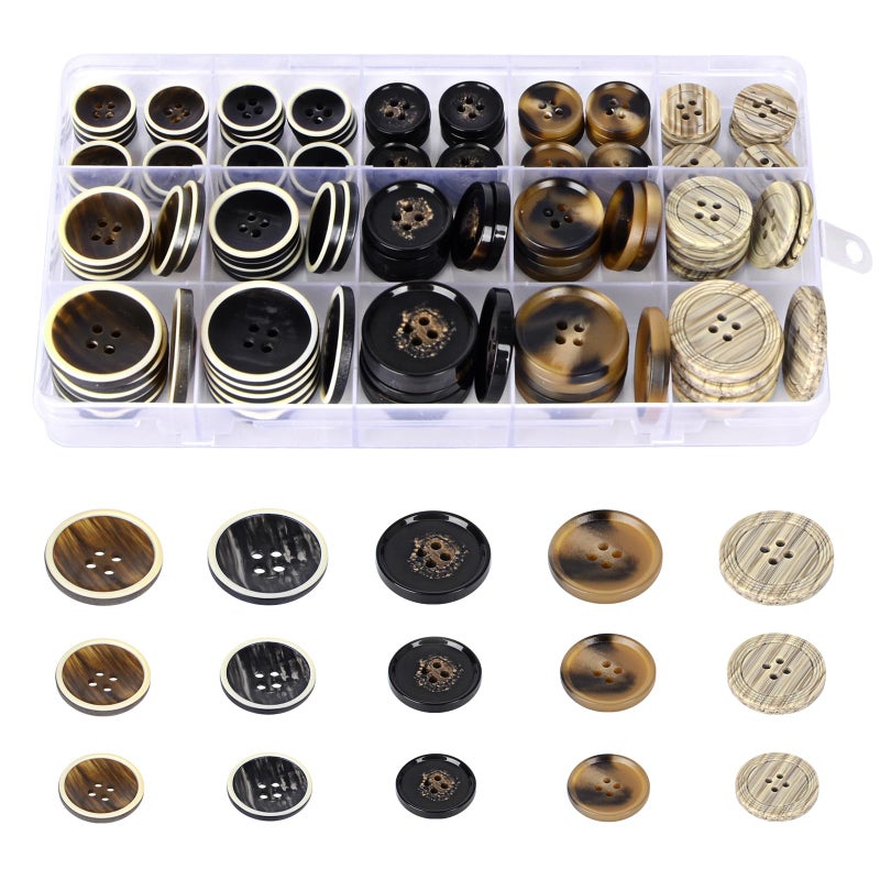 OELFFOW 110Pcs Mixed Sewing Buttons, 4-Hole Craft Round Blazer Buttons, 5 Color 3 Size (15mm, 20mm, 25mm) Suit Coats Resin Button, Suitable for Variety Clothing Sewing, DIY Craft (Style D) - Image 1