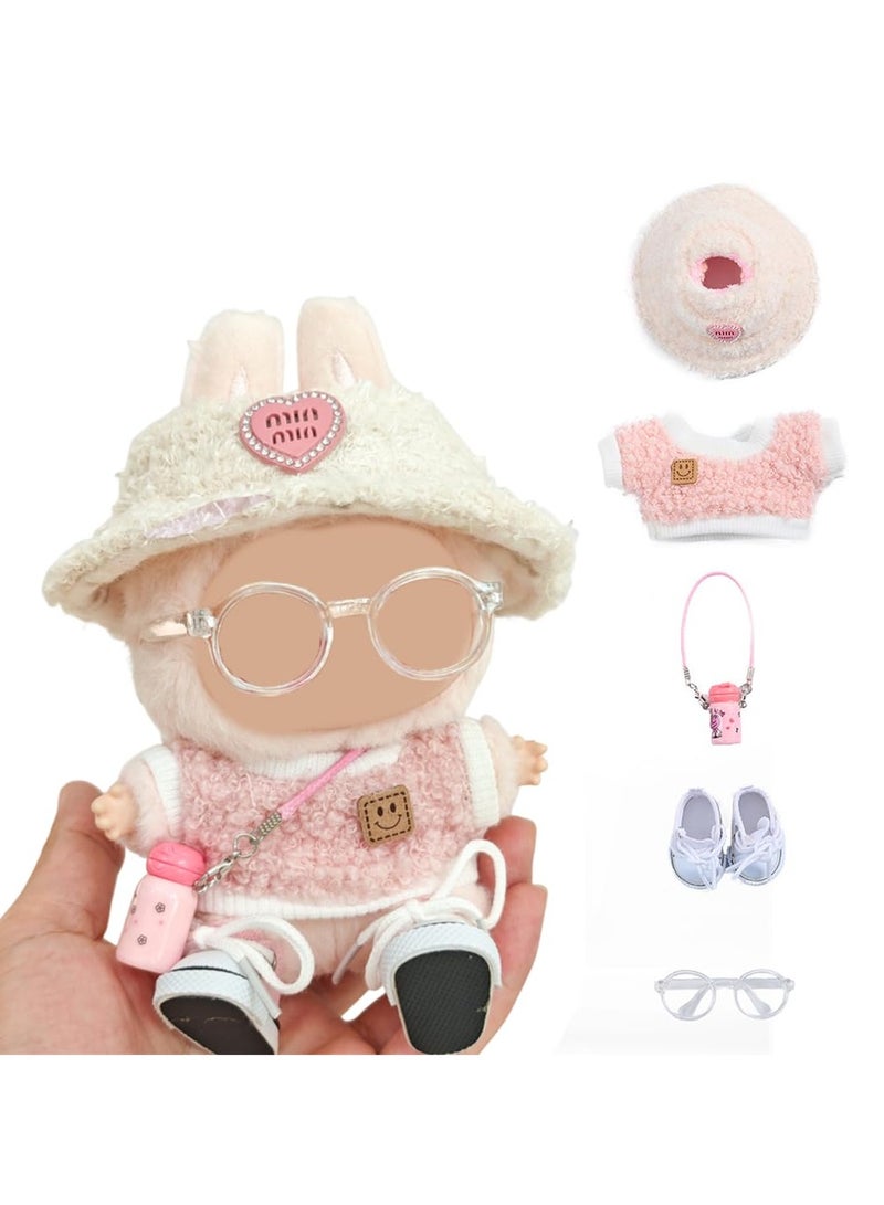 5 Set 17cm Doll Clothes, Clothes for Dolls Outfit, Accessories for 17cm Dolls, Light Pink Heart-Shaped Velvet hat + Small Bottle + Glasses + Canvas Shoes, No Doll Included  - Image 1