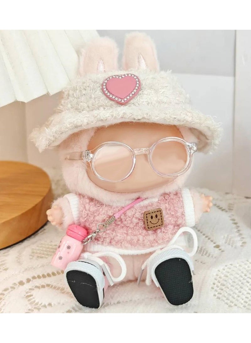 5 Set 17cm Doll Clothes, Clothes for Dolls Outfit, Accessories for 17cm Dolls, Light Pink Heart-Shaped Velvet hat + Small Bottle + Glasses + Canvas Shoes, No Doll Included  - Image 3