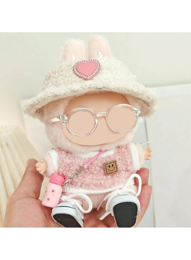 5 Set 17cm Doll Clothes, Clothes for Dolls Outfit, Accessories for 17cm Dolls, Light Pink Heart-Shaped Velvet hat + Small Bottle + Glasses + Canvas Shoes, No Doll Included  - Image 5