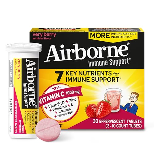 Airborne 1000mg Vitamin C with Vitamin D Zinc Sugar Free Multivitamin Immune Support Supplement Antioxidants Vitamins A C Vitamin E 30 Effervescent Tablets Very Berry Flavor