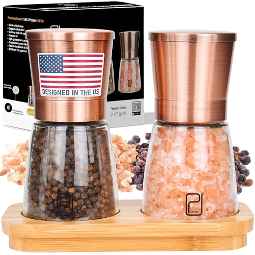 PJCKitchen Premium Salt and Pepper Grinder Set w/Bamboo Holder - 6 oz, Copper Stainless Steel - S&P Spice Shakers - Refillable & Adjustable Coarseness Hand Mill for Spices & Seasonings - by PJC-Kitchen - Image 1