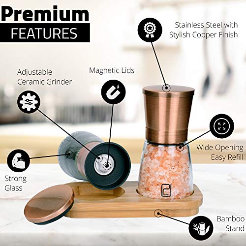 PJCKitchen Premium Salt and Pepper Grinder Set w/Bamboo Holder - 6 oz, Copper Stainless Steel - S&P Spice Shakers - Refillable & Adjustable Coarseness Hand Mill for Spices & Seasonings - by PJC-Kitchen - Image 2