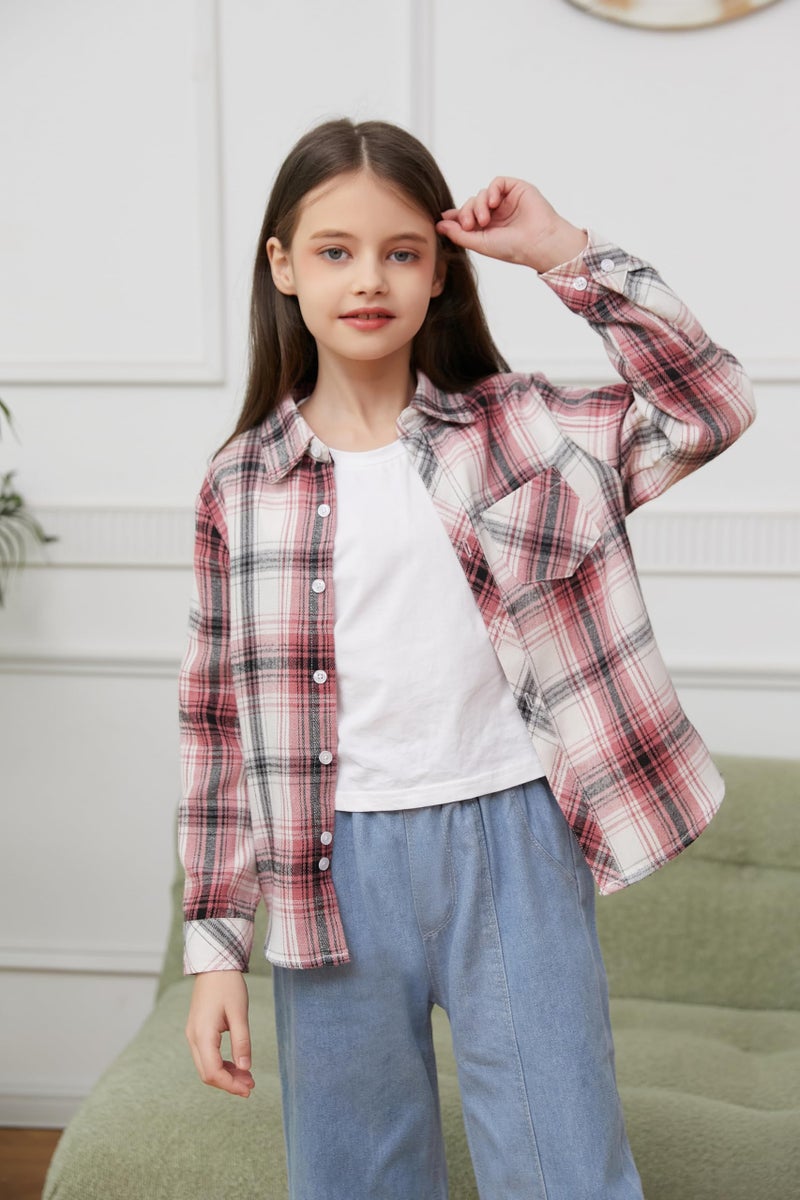 Betusline Girls' Plaid Flannel Shirt, Kids Long Sleeve Button Button Shirts Tops, F White & Pink, 2-3 Years= Tag 100 - Image 4