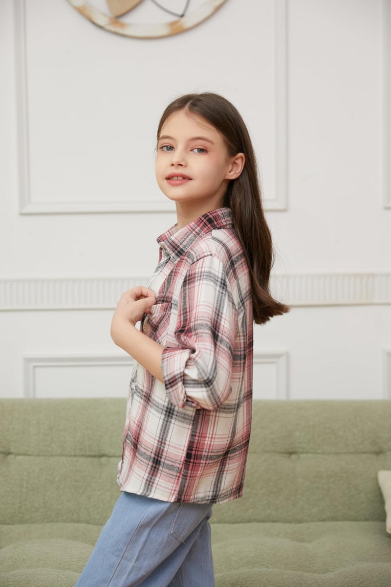Betusline Girls' Plaid Flannel Shirt, Kids Long Sleeve Button Button Shirts Tops, F White & Pink, 2-3 Years= Tag 100 - Image 5
