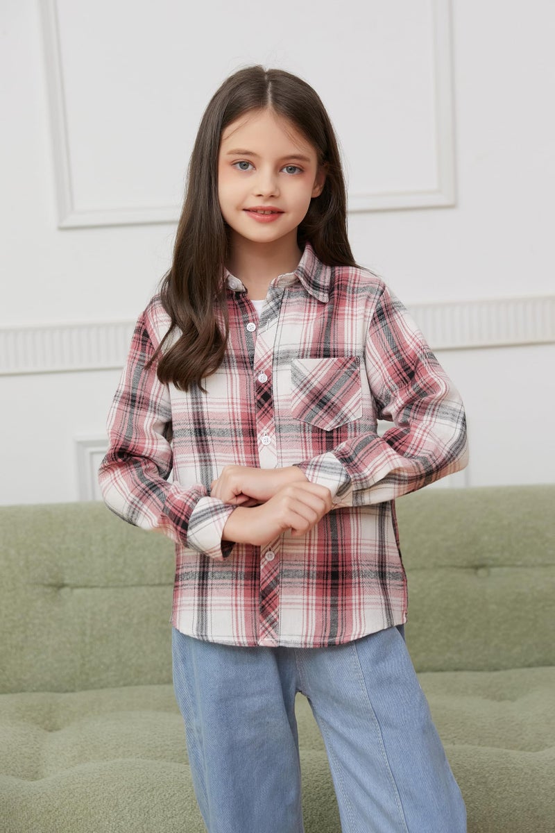 Betusline Girls' Plaid Flannel Shirt, Kids Long Sleeve Button Button Shirts Tops, F White & Pink, 2-3 Years= Tag 100 - Image 3