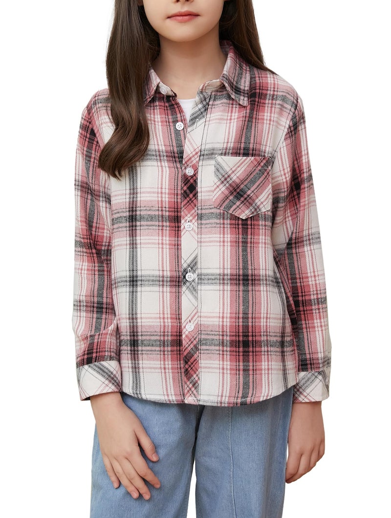 Betusline Girls' Plaid Flannel Shirt, Kids Long Sleeve Button Button Shirts Tops, F White & Pink, 2-3 Years= Tag 100 - Image 1
