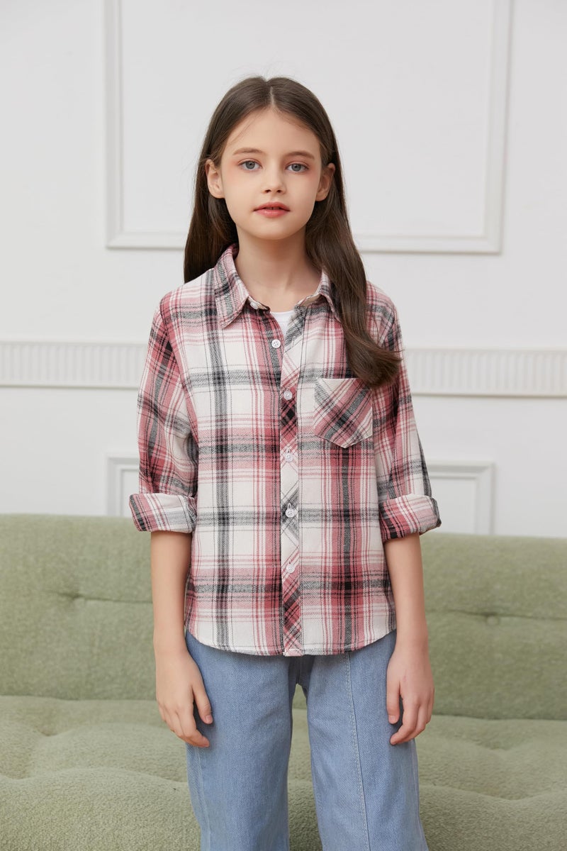 Betusline Girls' Plaid Flannel Shirt, Kids Long Sleeve Button Button Shirts Tops, F White & Pink, 2-3 Years= Tag 100 - Image 2