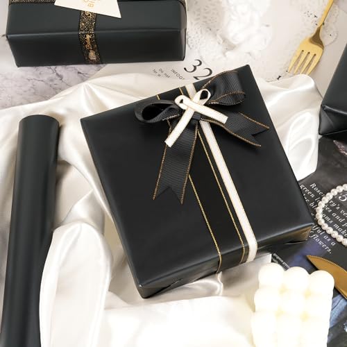 RUIFUN Black Wrapping Paper Roll, Solid Color Matte Metallic Gift Wrap Paper - Black Gift Wrapping Paper for Birthday Christmas Father's Day Halloween Graduation,17 Inches x 32.8 Feet - Image 3