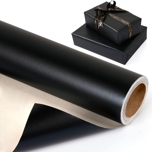 RUIFUN Black Wrapping Paper Roll, Solid Color Matte Metallic Gift Wrap Paper - Black Gift Wrapping Paper for Birthday Christmas Father's Day Halloween Graduation,17 Inches x 32.8 Feet - Image 1