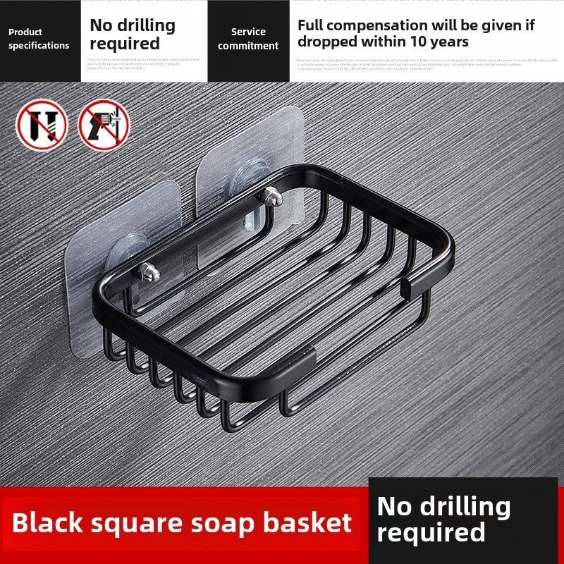 Black Wall-Mounted Soap Dish Durable Aluminum Drill-Free Space-Saving Design with Water Drainage for Small Bathrooms - Versatile Storage Solution for Domestic Commercial Use - Image 1
