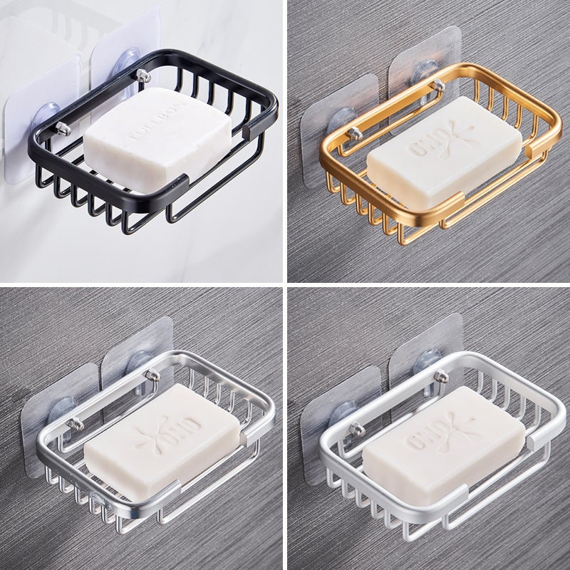 Black Wall-Mounted Soap Dish Durable Aluminum Drill-Free Space-Saving Design with Water Drainage for Small Bathrooms - Versatile Storage Solution for Domestic Commercial Use - Image 2