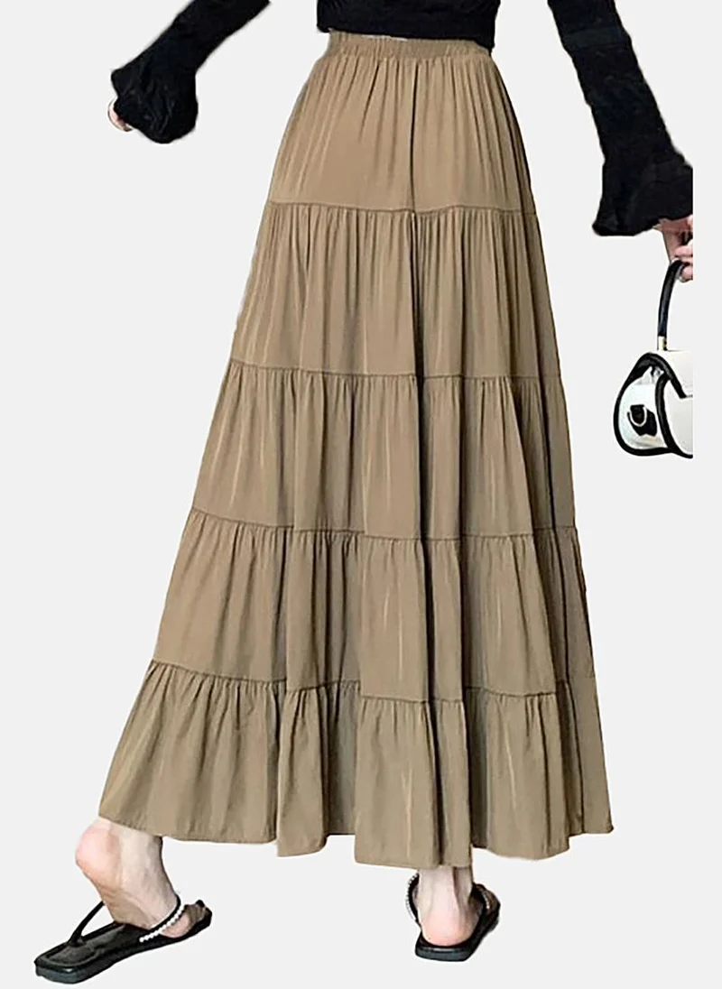 YUNIQEE Brown Tiered Solid Maxi Skirt