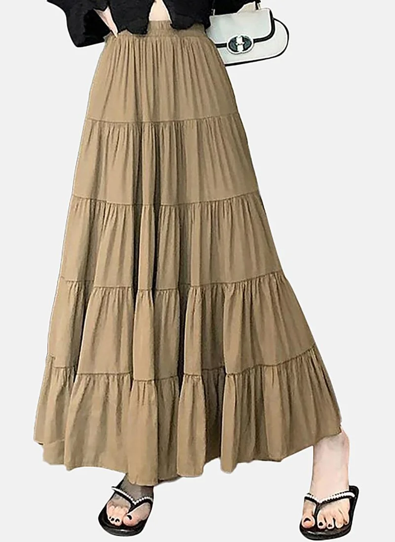 YUNIQEE Brown Tiered Solid Maxi Skirt