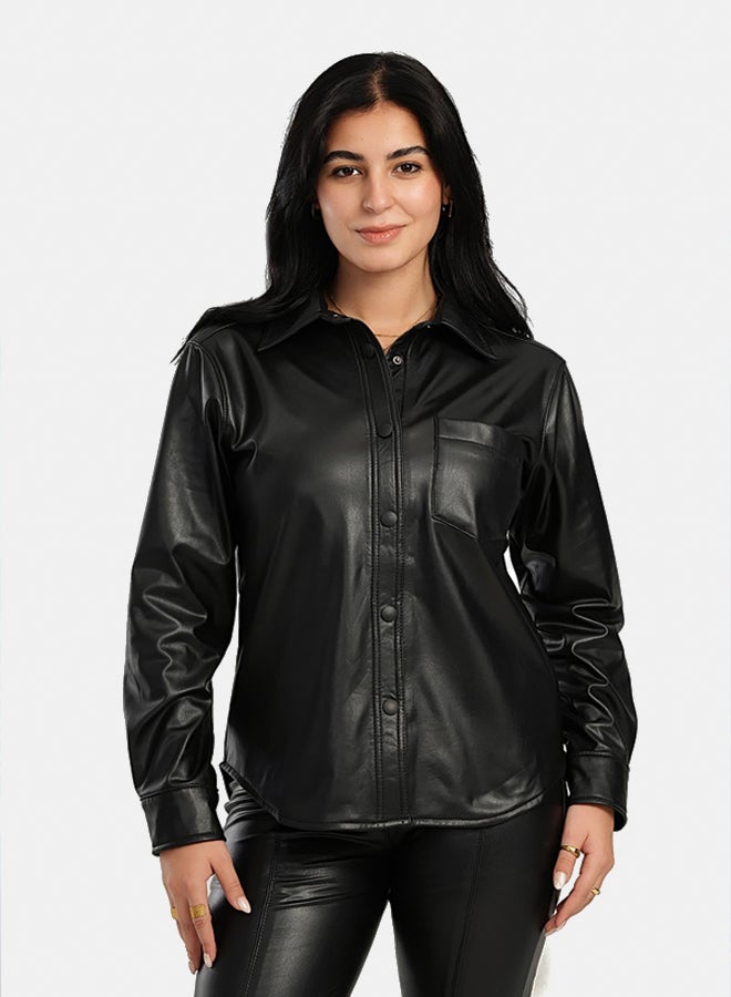 Carina Snap Closure Black Leather Shirt - Image 1