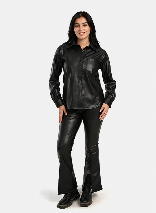 Carina Snap Closure Black Leather Shirt - Image 3