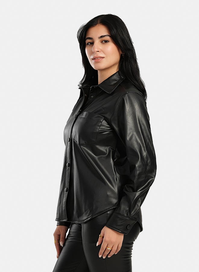 Carina Snap Closure Black Leather Shirt - Image 2
