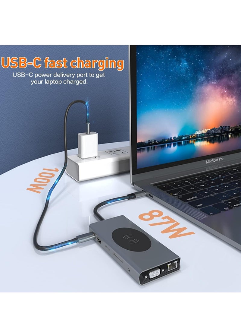 ELTRAZONE 13-in-1 USB C Docking Station with Wireless Charging, 4K HDMI, VGA, USB 3.0, USB C, Ethernet, and More – Ultimate Connectivity Hub for MacBook Pro & Type-C Devices – Expand Your Workspace - Image 3