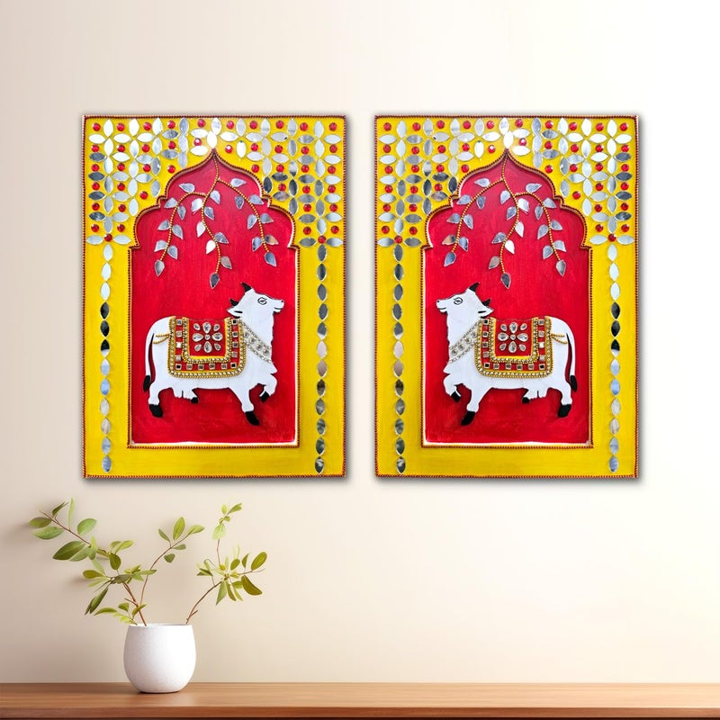 Noblenest Handmade Pichwai Cow Wall Hanging Set of 2 11 x 8 Inch Wall Decoration Items for Living Room Wall Hanging Decor Handmade Wall Hangings for Home Decoration Wall Decor Office - Image 1