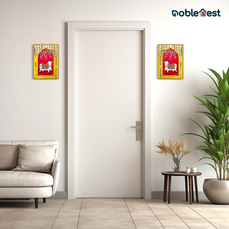 Noblenest Handmade Pichwai Cow Wall Hanging Set of 2 11 x 8 Inch Wall Decoration Items for Living Room Wall Hanging Decor Handmade Wall Hangings for Home Decoration Wall Decor Office - Image 3