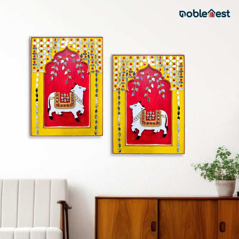 Noblenest Handmade Pichwai Cow Wall Hanging Set of 2 11 x 8 Inch Wall Decoration Items for Living Room Wall Hanging Decor Handmade Wall Hangings for Home Decoration Wall Decor Office - Image 2