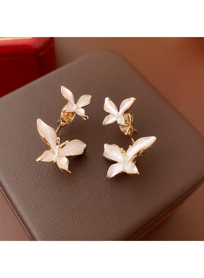 Silver Needle Two-piece Drop Oil Butterfly Earrings Fashionable Temperament Design Ear Studs Personalized Simple For Women