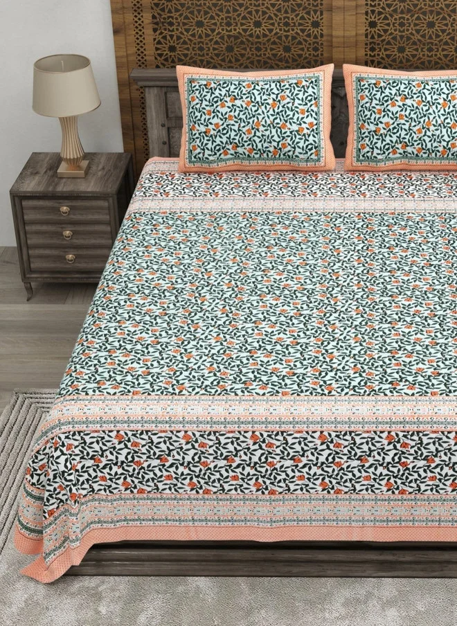 CLOTHOLOGY CLOTHOLOGY Orange & Green Floral Printed 180 TC Flat Cotton King Bedsheet with 2 Pillow Covers