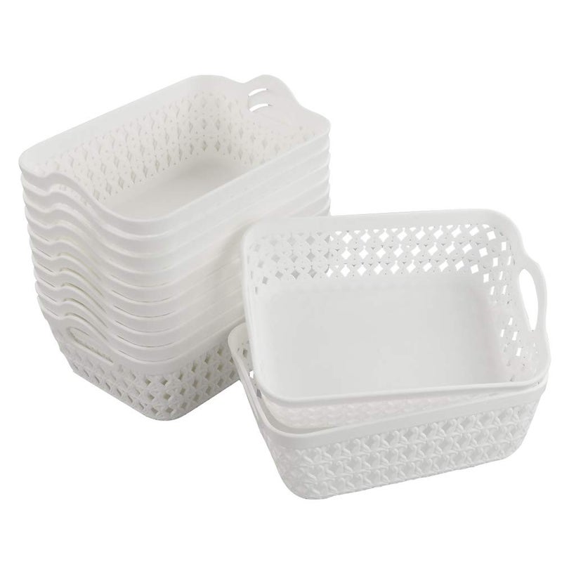 HOMMP 12-Pack White Plastic Woven Storage Basket Tray with Handle (Mini)