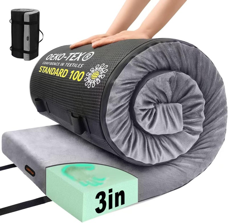 Lxotvae 3 Inch Memory Foam Camping Mattress Pad - Portable Roll Up Cot Mattress for Adults - Gray - Image 1
