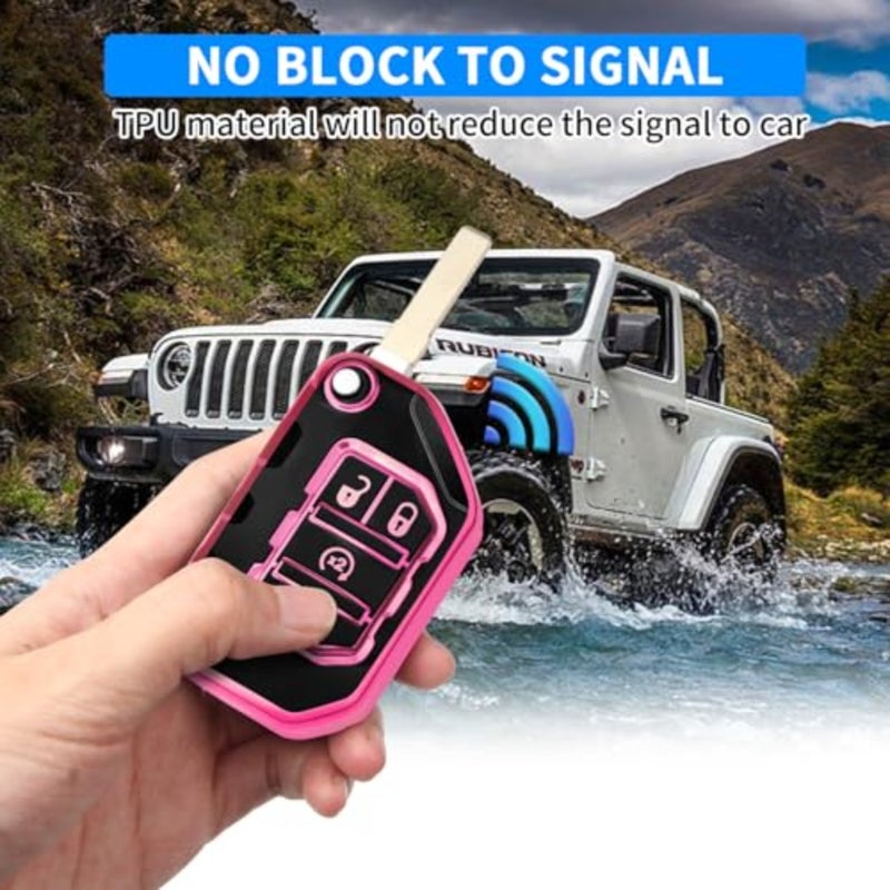 for Jeep Key Fob Cover with Keychain Compatible with Jeep Wrangler JLU JL Gladiator Rubicon JT Car Flip Key pink - Image 3