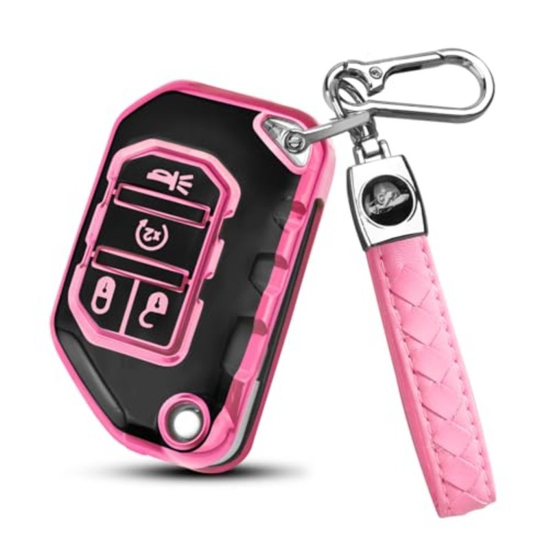 for Jeep Key Fob Cover with Keychain Compatible with Jeep Wrangler JLU JL Gladiator Rubicon JT Car Flip Key pink - Image 1