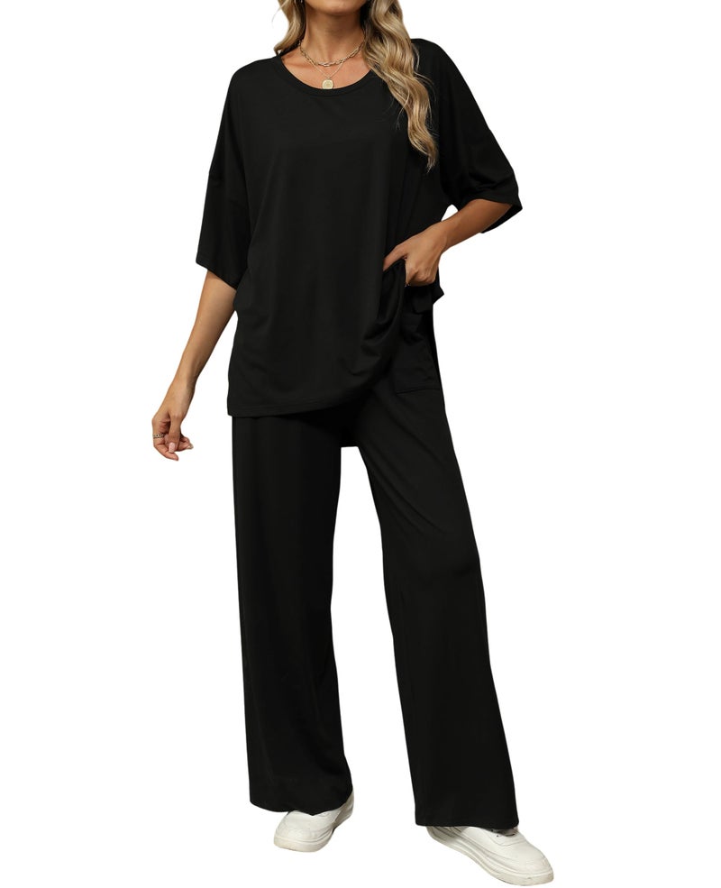 KevaMolly Black 2 Piece Lounge Set for Women Postpartum Oversized Tops and Wide Leg Pants Soft Comfy Pajamas Set 2 Piece Outfits M - Image 1
