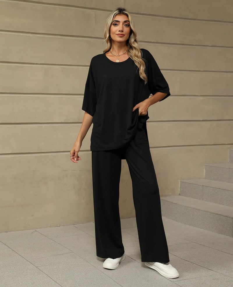 KevaMolly Black 2 Piece Lounge Set for Women Postpartum Oversized Tops and Wide Leg Pants Soft Comfy Pajamas Set 2 Piece Outfits M - Image 4