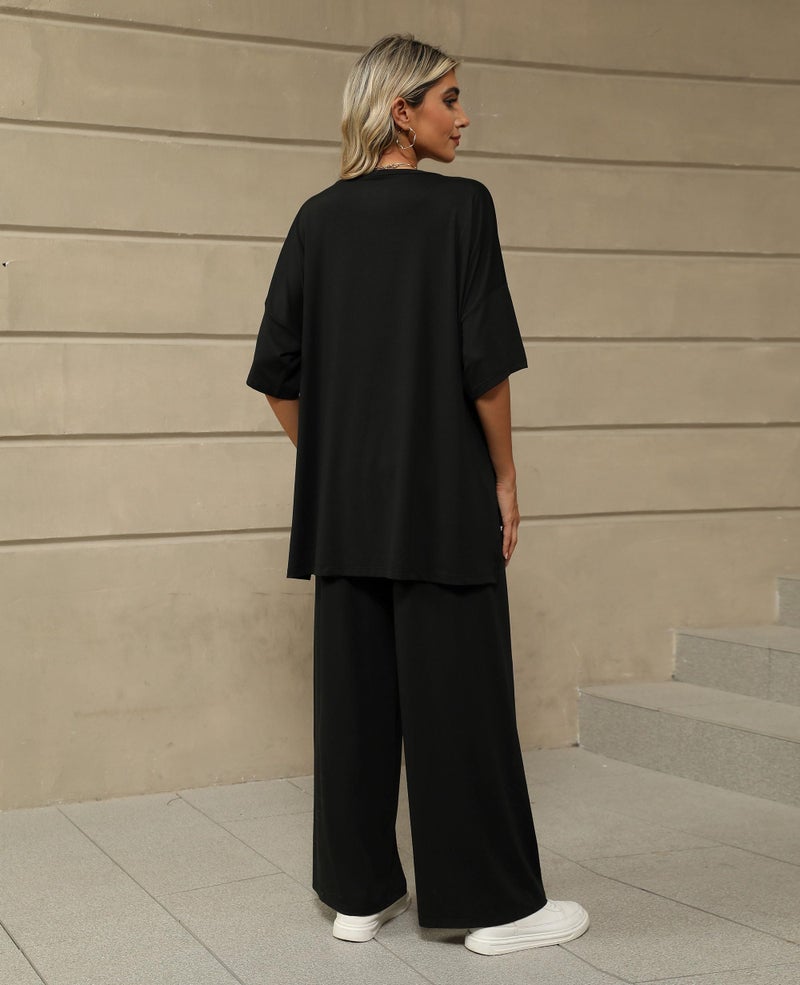 KevaMolly Black 2 Piece Lounge Set for Women Postpartum Oversized Tops and Wide Leg Pants Soft Comfy Pajamas Set 2 Piece Outfits M - Image 3