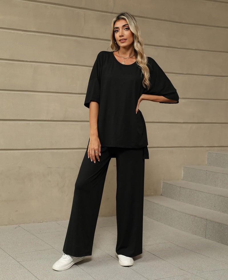 KevaMolly Black 2 Piece Lounge Set for Women Postpartum Oversized Tops and Wide Leg Pants Soft Comfy Pajamas Set 2 Piece Outfits M - Image 2