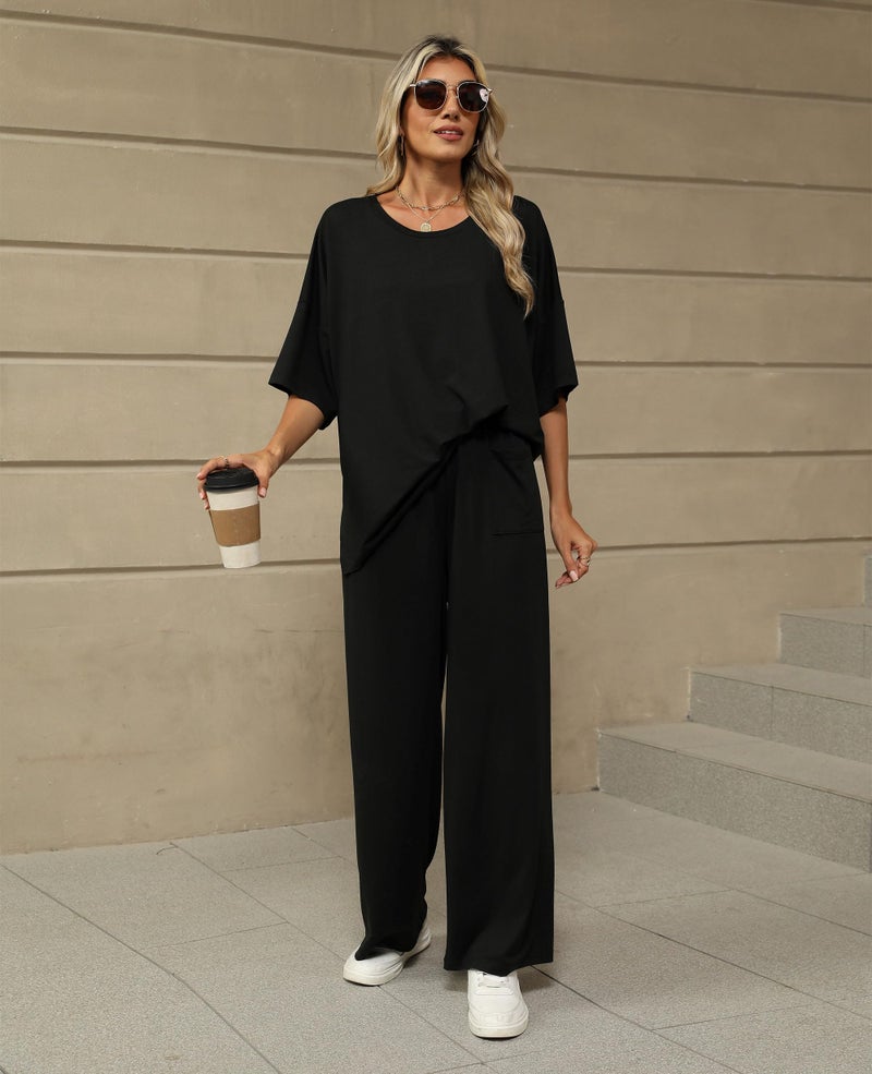 KevaMolly Black 2 Piece Lounge Set for Women Postpartum Oversized Tops and Wide Leg Pants Soft Comfy Pajamas Set 2 Piece Outfits M - Image 5