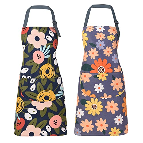 ARBINSON 2 Pack Floral Apron for Women with Pockets, Adjustable Cotton Chef Aprons for Kitchen, Cooking, BBQ & Grill (Blue/Flowers) - Image 1