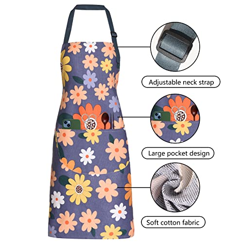 ARBINSON 2 Pack Floral Apron for Women with Pockets, Adjustable Cotton Chef Aprons for Kitchen, Cooking, BBQ & Grill (Blue/Flowers) - Image 3
