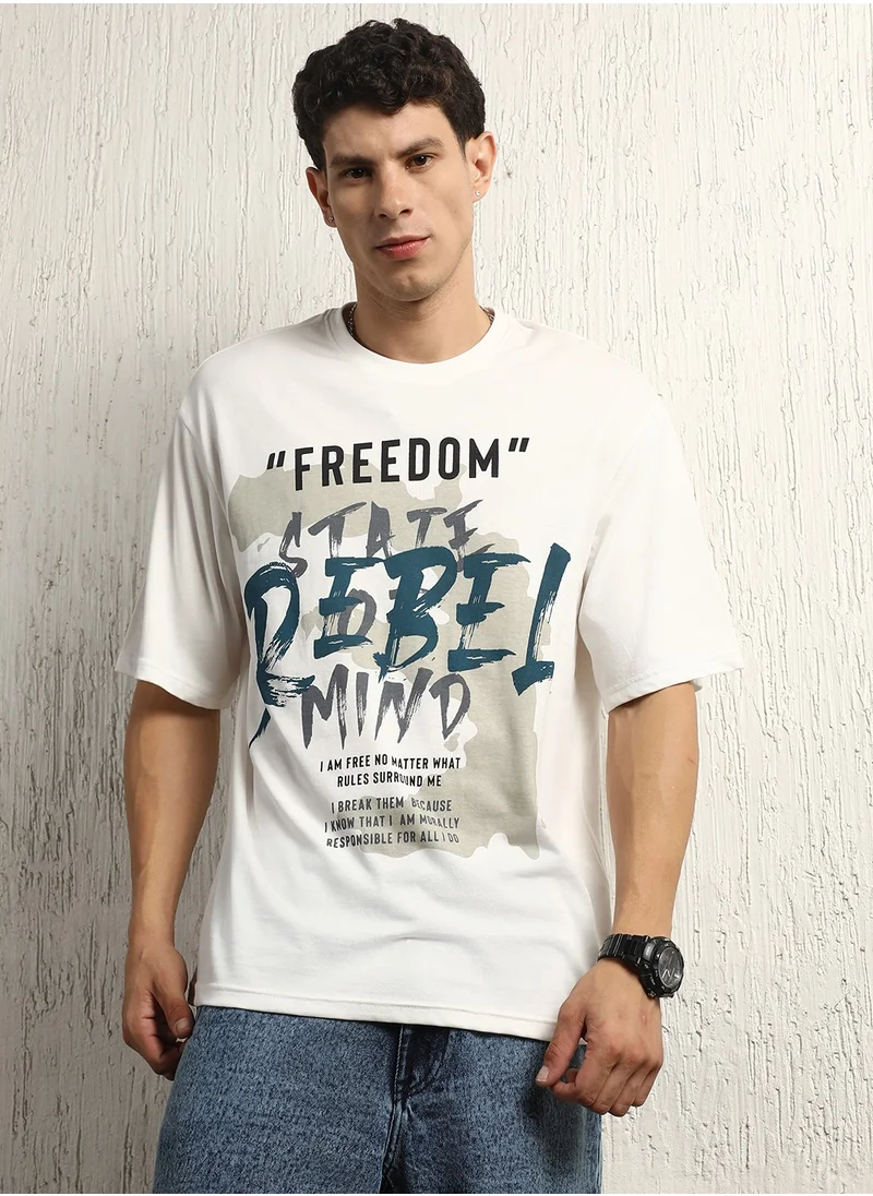 هوبرهولمي Men's White Typography Printed Cotton T-Shirt